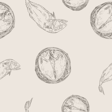 Bir sepet içinde akış kısa uskumru el çizilmiş kroki vektör.