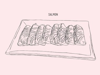 Somon sketch vektör bir tabağa dilimlenmiş.