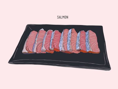 Somon sketch vektör bir tabağa dilimlenmiş.