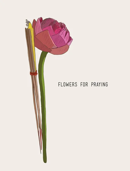 Lotus, Räucherstäbchen und Kerzen für den betenden Buddha — Stockvektor