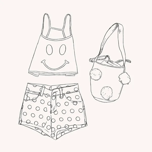 Collection de vêtements de plage, vêtements sommets, vecteur de croquis . — Image vectorielle