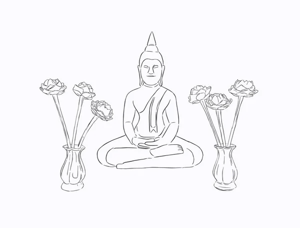 Concepto de cultura tailandesa con buddha, vector de boceto / — Vector de stock