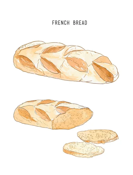 Francia kenyér-péksütemény, kézzel rajzolt vázlat vektor. — Stock Vector