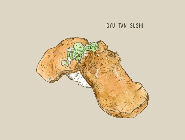 Gyu tan sushi o carne de res thjalá sushi, bosquejo vector . — Vector de stock