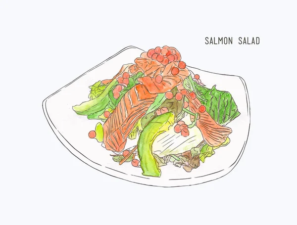 Zalm salade, hand getekende water kleur schets vector. — Stockvector