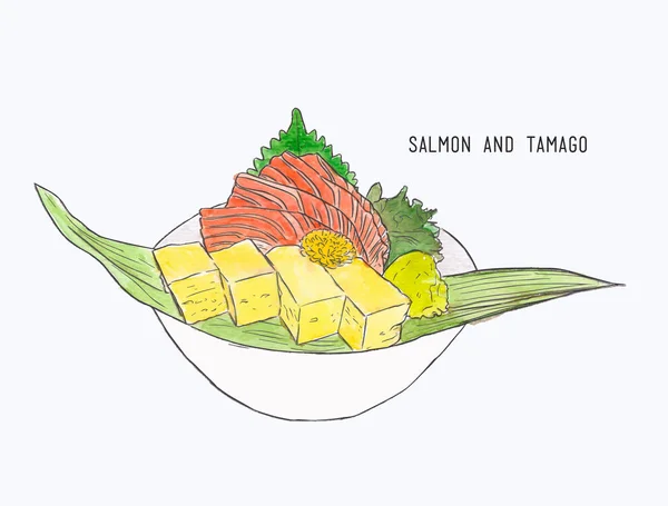 Saumon frais et oeuf rouleau sashimi, dessin à la main aquarelle croquis — Image vectorielle