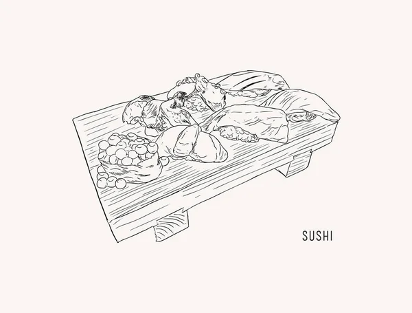 Satu set sushi, makanan Jepang. vena sketsa warna air gambar tangan - Stok Vektor