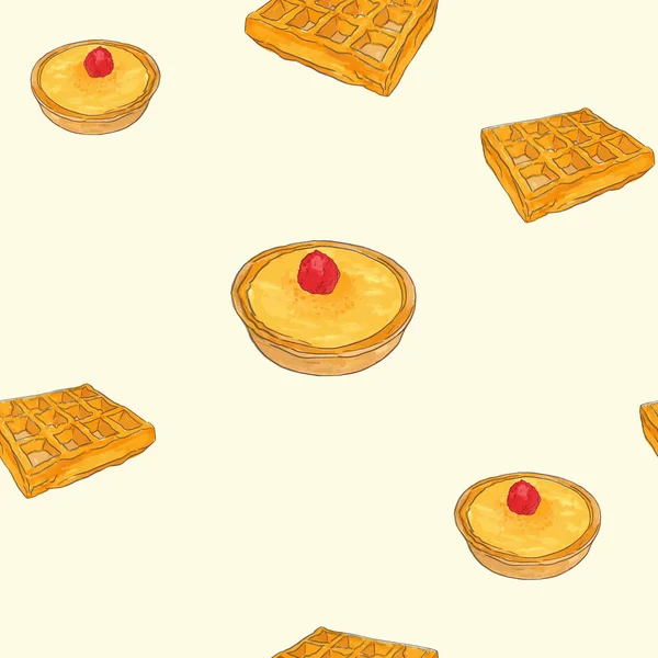 Creme brulee tart and waffle sketch vector pattern — Stock Vector