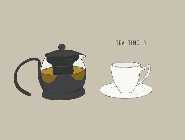 Conjunto de chá, chaleira e xícara, vetor de esboço . — Vetor de Stock