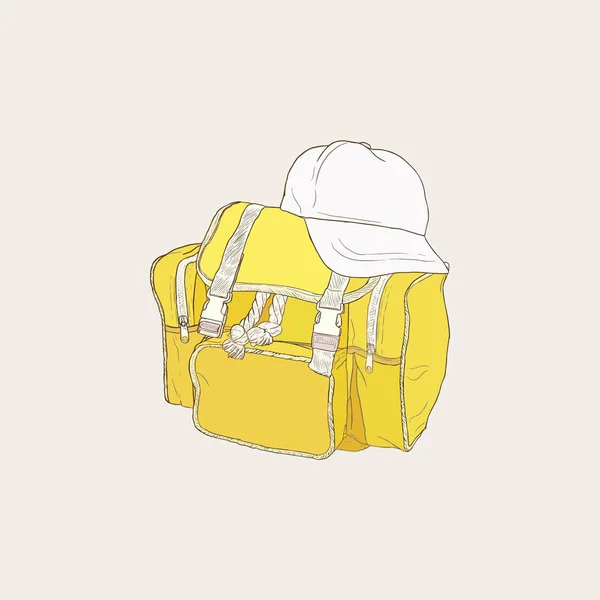 Saco amarelo e boné branco de conjunto de mochila de acampamento, vetor de esboço — Vetor de Stock