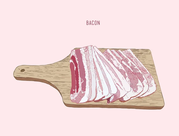 Bacon cortado na bandeja de madeira, vetor de esboço . — Vetor de Stock