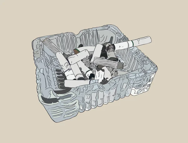 Cendrier et cigarettes fumées, vecteur de croquis . — Image vectorielle