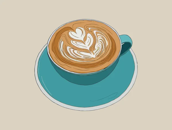 Горячий кофе капучино с искусством латте, вектор эскиза . — стоковый вектор