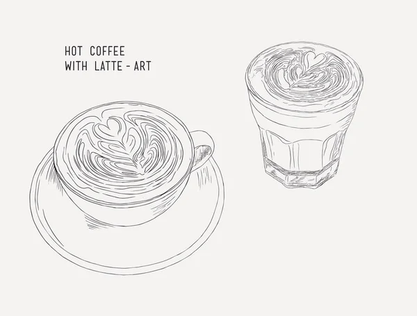 Gorąca kawa latte art, szkic vecrtor. — Wektor stockowy