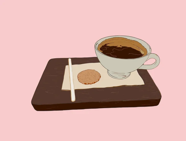Hot coffe med cookie på träbricka, skissa vektor. — Stock vektor