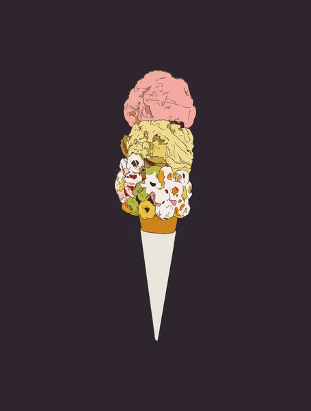 2 scoopes 的蛋卷冰淇淋，素描矢量. — 图库矢量图片
