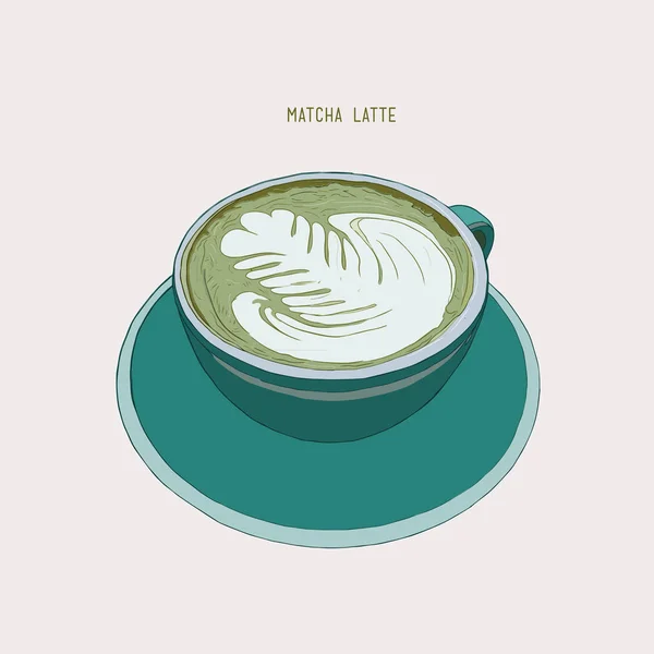 Matcha latte, latte varm dryck med latte art, skiss vektor. — Stock vektor