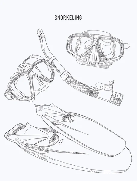 Equipamento de snorkeling, barbatana, máscara de mergulho com tubo, vect esboço — Vetor de Stock