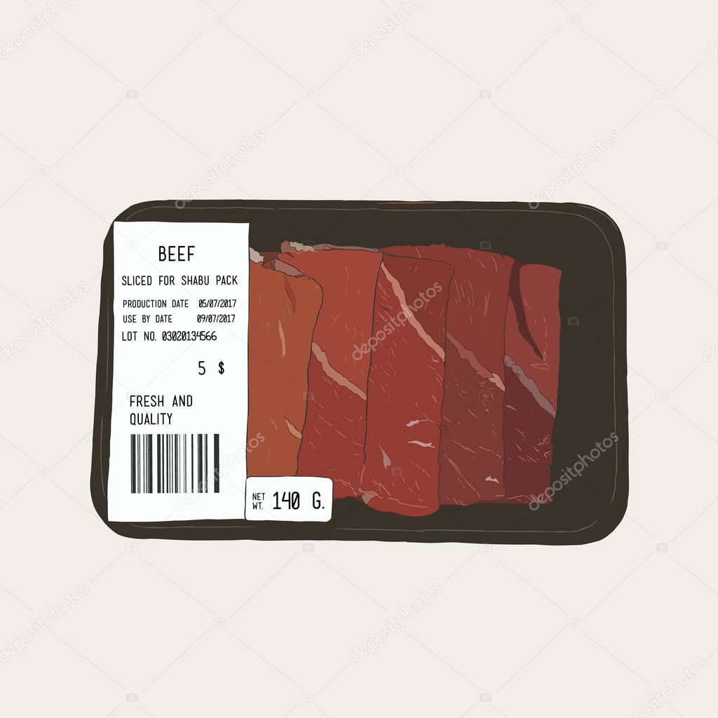 Raw beef meat in the package. Vector Illustration 