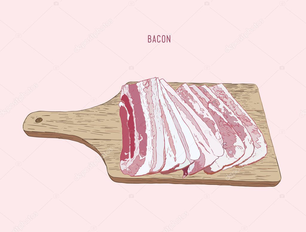 bacon sliced on wood tray, sketch vector.