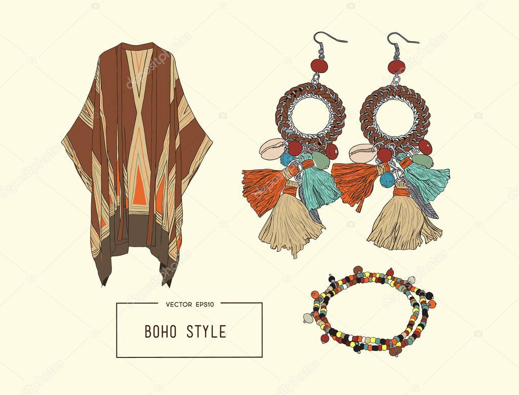Bohemian fashion style set, boho and gypsy clothes illustration 
