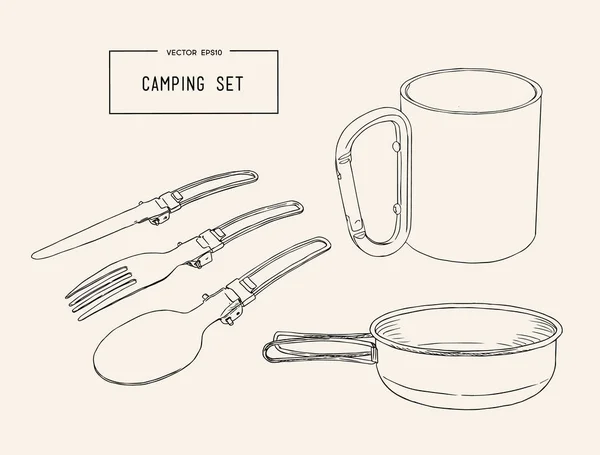 Set di attrezzature da campeggio disegnate a mano vettore di disegno . — Vettoriale Stock