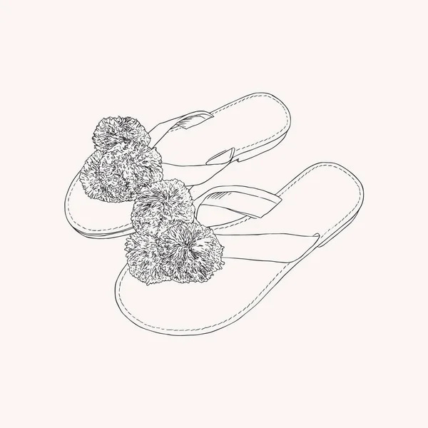Sandalias griegas de cuero con pompón - accesorios de verano dra mano — Vector de stock