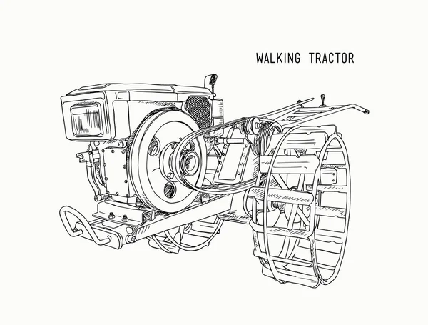 Pluguri mașină - Tractor de mers pe jos, desena manual vector schiță . — Vector de stoc