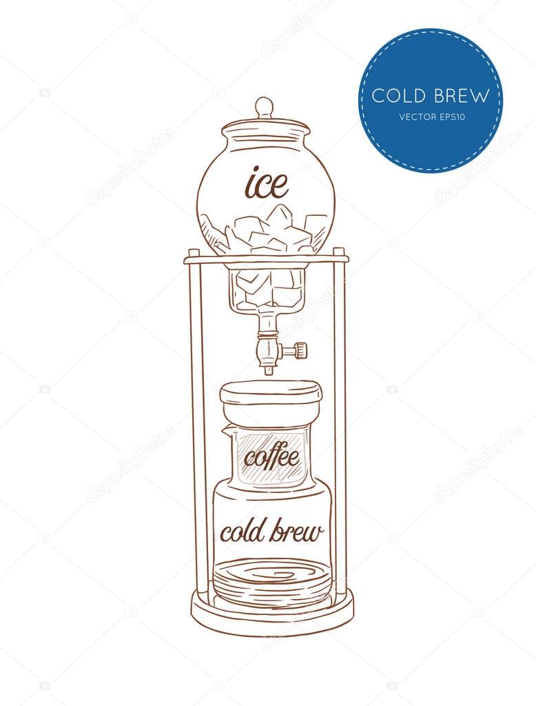 Cold Brew Coffee Makers for coffee shop , brewing coffee machine sketch vector.