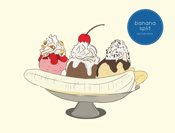 Delicioso dulce plátano split helado postre, vector de boceto . — Vector de stock