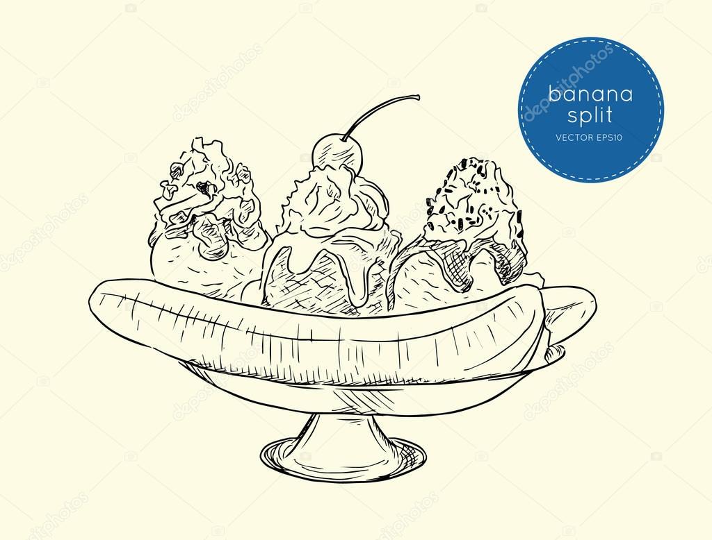 Ice Cream Sundae Banana Split With Chocolate Sauce Topping Almond And Cherry Hand Draw Sketch Vector Premium Vector In Adobe Illustrator Ai Ai Format Encapsulated Postscript Eps Eps Format