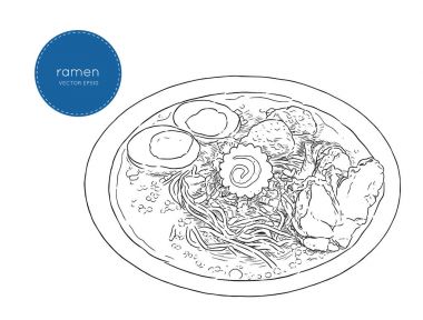 Japon mutfağının çorba ramen sketch vektör.