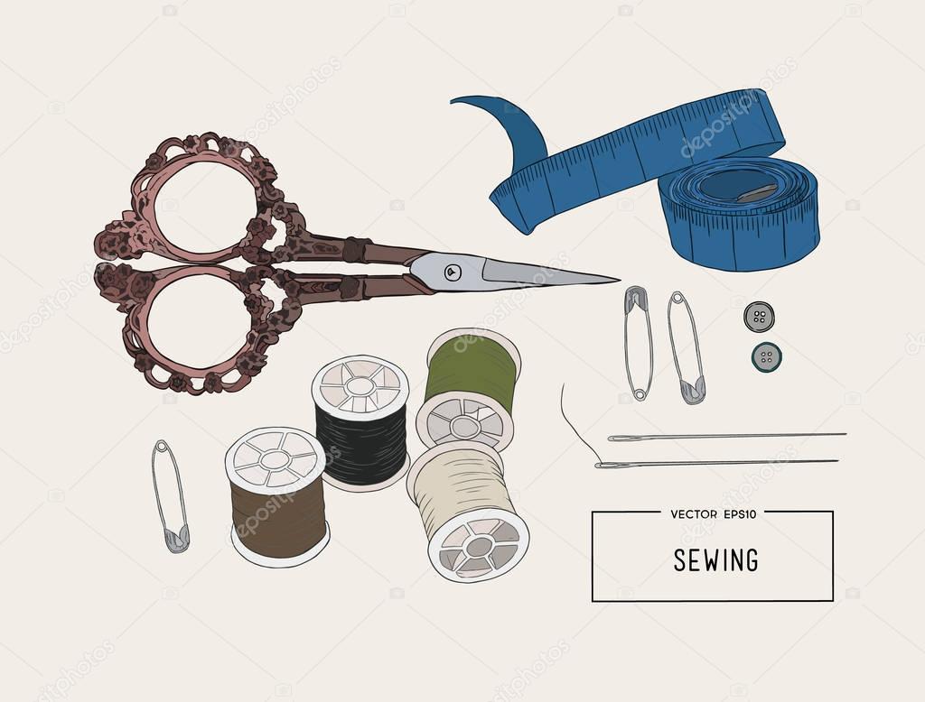 Color set of objects for sewing, sketch tool vector.