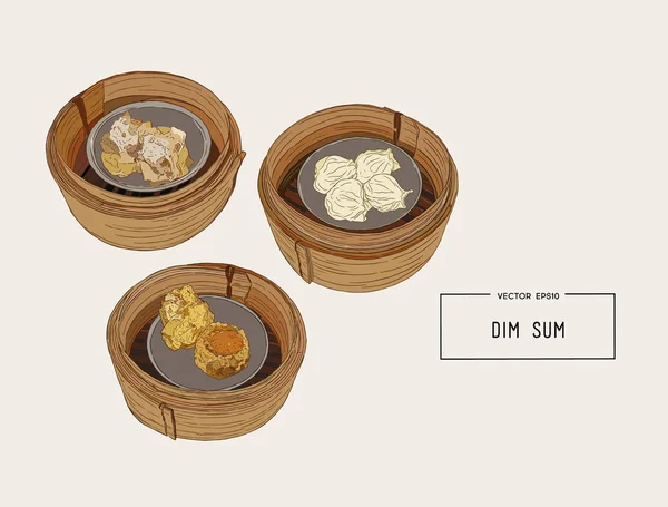 Dim sum renkli resimde. Çince cu vektör çizim — Stok Vektör