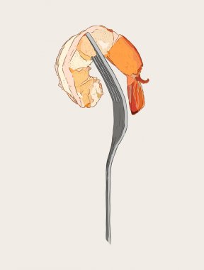 karides çatal üzerinde pişmiş, sketch vektör.