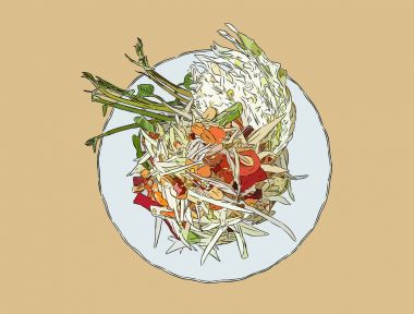 Papaya salatası veya som-tum, elle çizilmiş kroki vektör. 