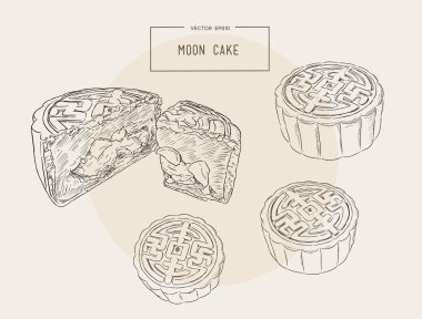 Çin Mutfağı, Moon pasta sketch vektör.