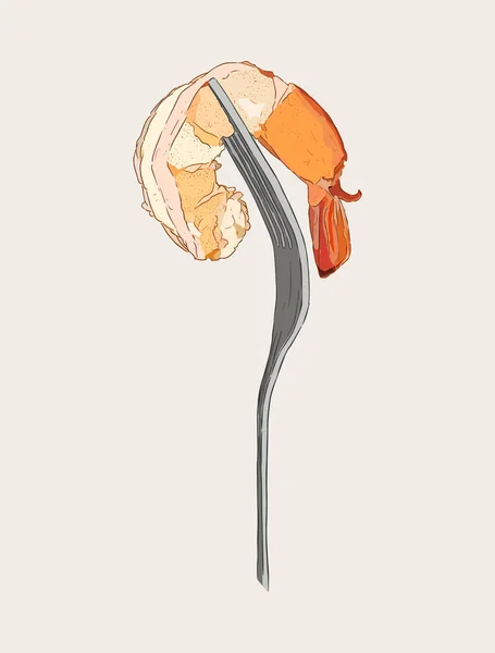 Camarones cocidos en tenedor, vector de boceto . — Archivo Imágenes Vectoriales