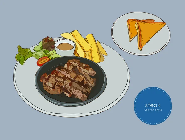 Bife de carne fatiada, desenho à mão vetor de comida esboço . — Vetor de Stock