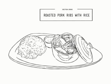 rosted pork rib rice, hand draw sketch vector. clipart