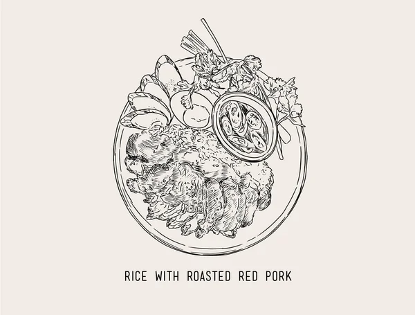 Тайский красный барбекю свинина с рисом Thai food.hand рисовать вектор . — стоковый вектор