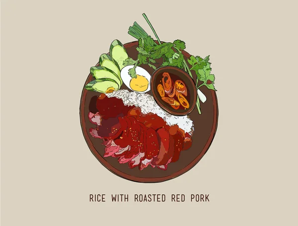 Thailändisches rotes Schweinefleisch mit thailändischem Reis. — Stockvektor