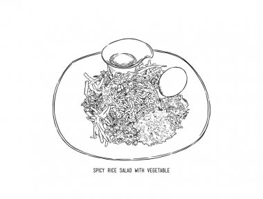 Tayland Güney baharatlı pirinç salatası sebze, el çizmek sketch vektör ile.