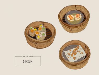 dim sum Çin Mutfağı vektör çizim.