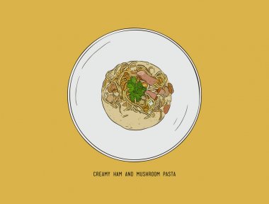 kremsi jambon ve mantar makarna, el çizmek sketch vektör.