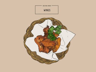Elle çizilmiş kroki buffalo tavuk kanadı sepeti.