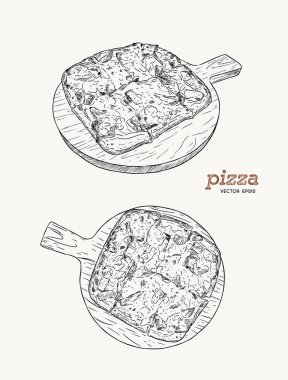 Pizza üzerinde ahşap tahta el çizmek sketch vektör.