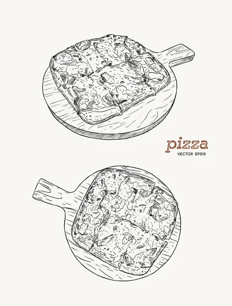 Pizza en el tablero de madera dibujar dibujo a mano vector . — Vector de stock