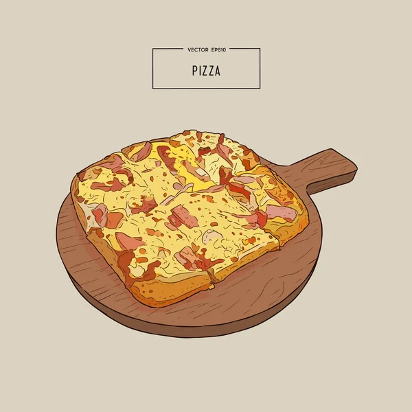 Pizza en el tablero de madera dibujar dibujo a mano vector . — Vector de stock