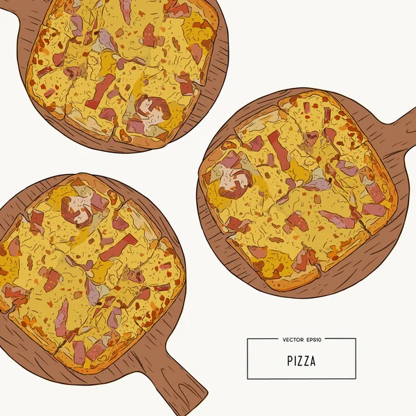 Pizza en el tablero de madera dibujar dibujo a mano vector . — Vector de stock